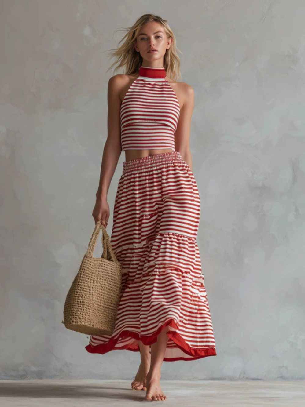 Retro Vacation Sporty Red Striped Cotton Sleeveless Top and Skirt Set